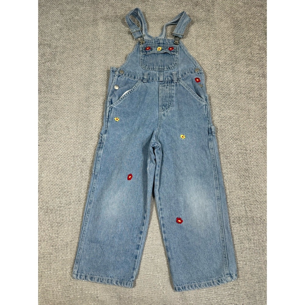 Vintage Old Navy Overalls Girls 4/5 Blue Flowers Embroidered Cotton Bibs